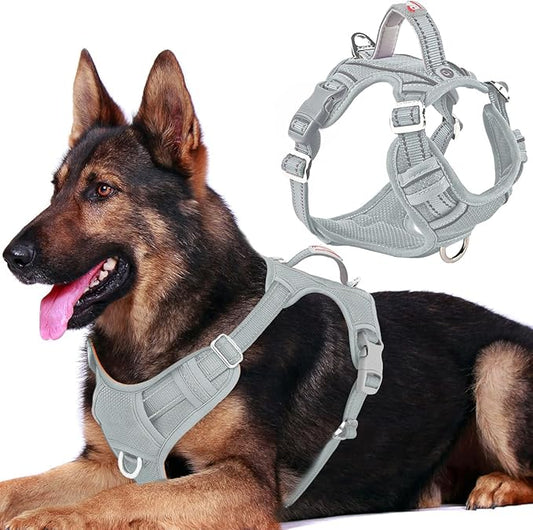 BARKBAY Dog Harness No Pull with ID Tag Pocket - Heavy Duty, Reflective, Easy Control for Large Dogs(Grey,XL)