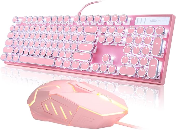 Retro Pink Typewriter-Style Keyboard and Mouse Combo, Cute Light Up Wired Mechanical Keyboard with Linear Red Switches, Full Size for Gaming, Work, Mac, PC, Windows