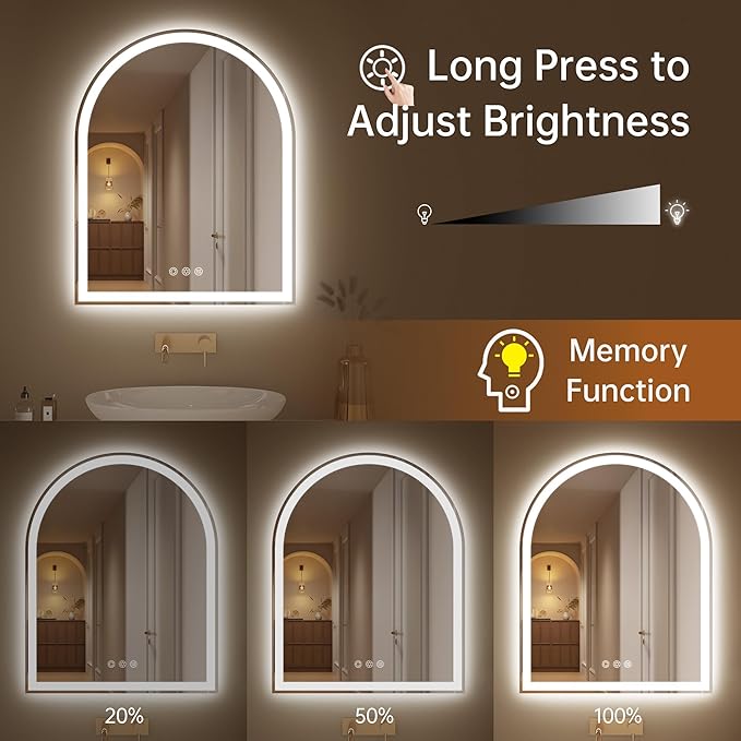 Arched LED Mirror for Bathroom 24"x30"- Frameless Lighted Bathroom Mirror with Lights, Fogless, Dimmable, 3 Color Changing, Shatterproof, Touch Sensor