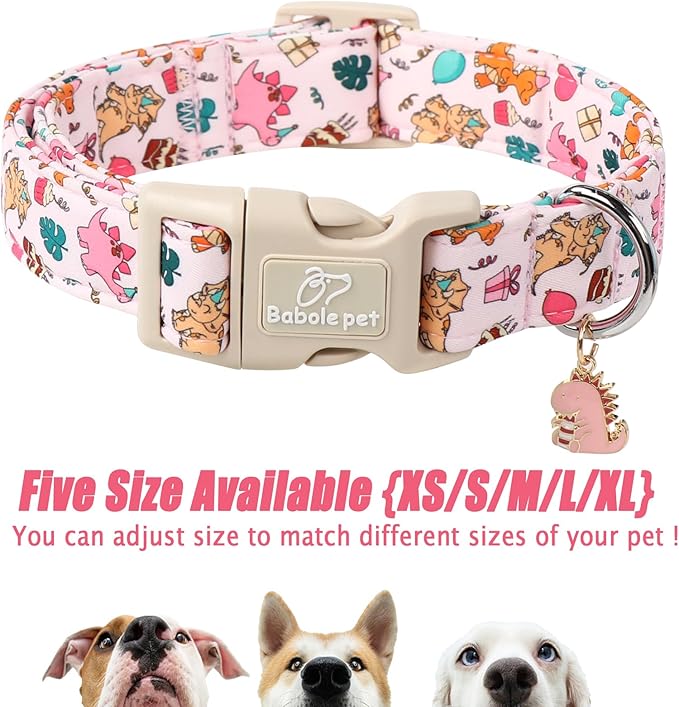 Cute Dinosaur Dog Collar, Adjustable Pink Dino Dog Collars for Large Dogs, Lightweight Quick-Release Buckle Birthday Collar for Boy&Girl Dogs L