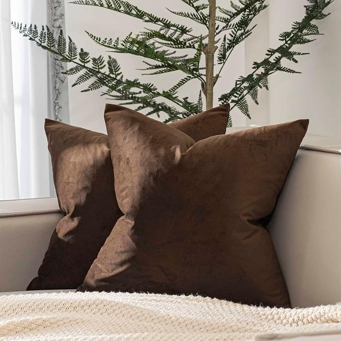 Brown 18x18 Throw Pillow Covers Decorative Velvet Cushion Covers Set of 2 | Soft Pillow Cases with Invisible Zipper for Modern Couch Sofa Bed Living Room Bedroom Home Decor