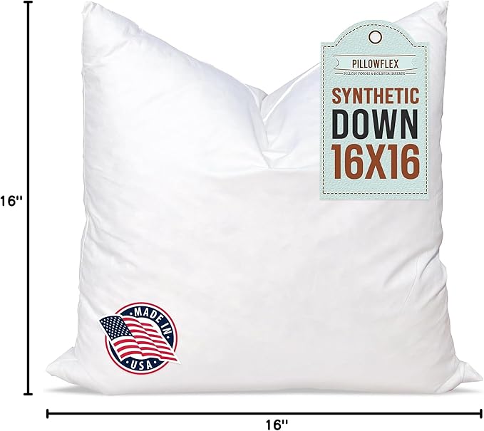Pillowflex Synthetic Down Pillow Insert 16x16 in - Karate Chop Pillow | Small Square Sham Form, Plush Polyester Cotton Blend, Cloud-Like Comfort, Clump-Resistant Fill, Smooth Elegant Finish