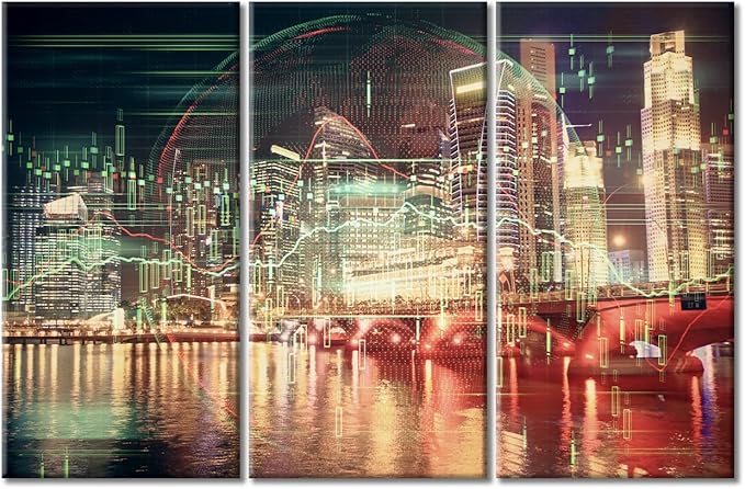 TUMOVO Financial Chart on City Scape with Tall Buildings Background Art Pictures Office Decor 3 Pieces Analysis Concept Wall Decor for Living Room Ready to Hang (60" Wx40 H)