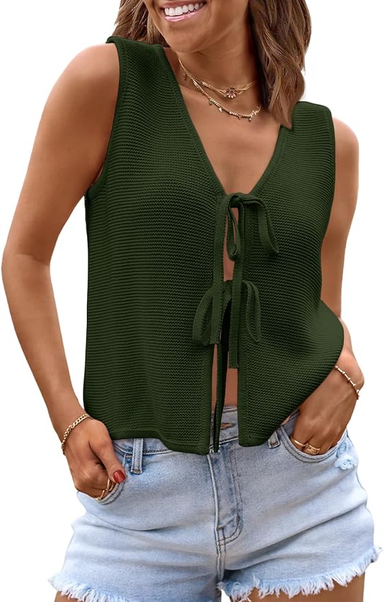 LILLUSORY Womens Tie Front Tops Vacation Sweater Vest | Bohemian Style, Beach Resort Wear, Concert Western Outfits, Crochet Tops, Vacation Outfits, Cute Y2k Sleeveless 2026