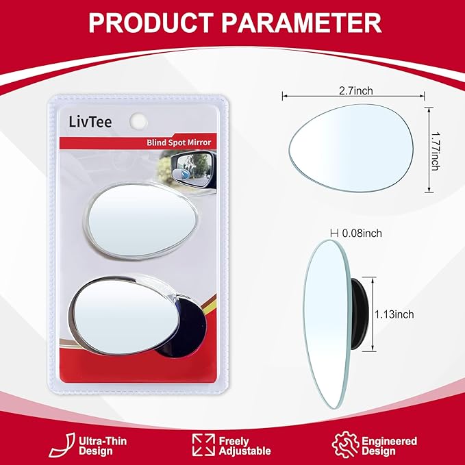 LivTee Blind Spot Mirror, Oval HD Glass Frameless Convex Rear View Mirror with wide angle Adjustable Stick for Cars SUV and Trucks, Pack of 2