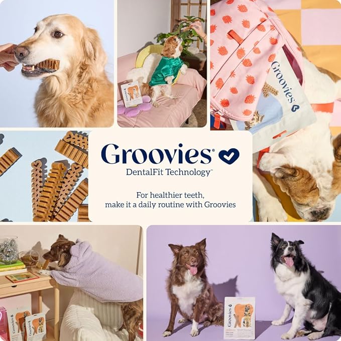 Groovies Flexible Dog Dental Chews with Patented DentalFit Technology to Help Support Tartar Control & Fresh Breath, Large Dog Chews for 25-50 lb Dogs, USA Manufactured Oral Care, 27 Chews