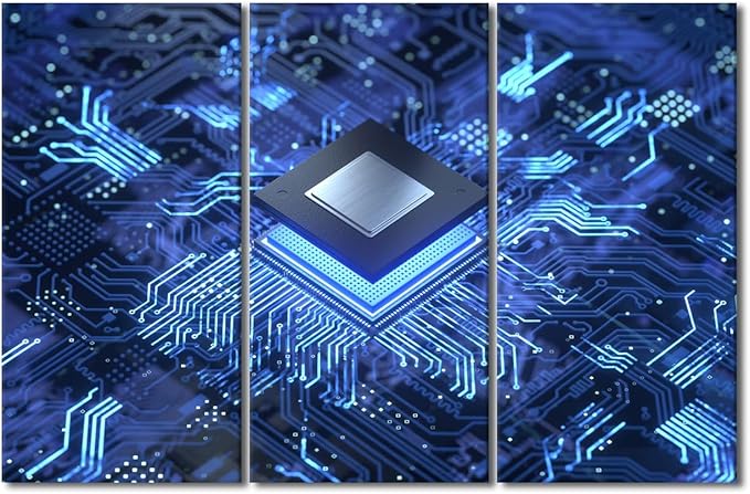 3 Panel Abstract Design Wall Art Decor Painting on Canvas Smart Chip Pictures for Home Walls Digital Age Office Wall Art Framed Circuit Board Artwork for Living Room Bedroom Ready to Hang(28" Wx42 H)