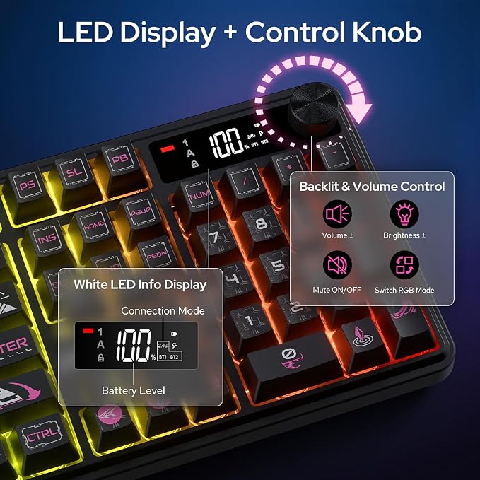 Redragon K526 PRO Wireless RGB Membrane Gaming Keyboard, LED Screen & Knob | See Battery, Mode & Time at a Glance, 0-Delay Tri-Mode, One-Touch Backlit & Media Adjust, 26-Key Anti-Ghost for Combo-Strike