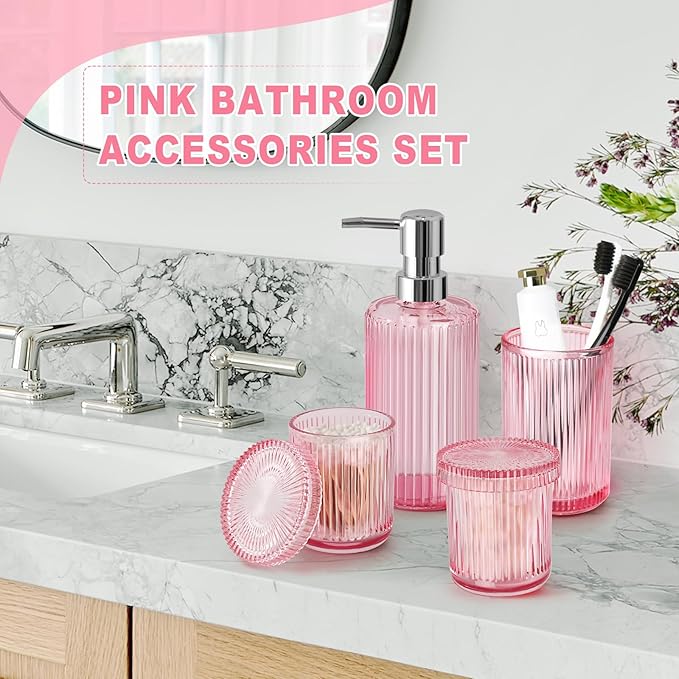 Pink Bathroom Accessories Set, 4 Pcs Glass Bathroom Accessory Set, Pink Soap Dispenser and Toothbrush Holder Set, Qtip Holder Set, Vintage Bathroom Sink Set, Cute Bathroom Decor
