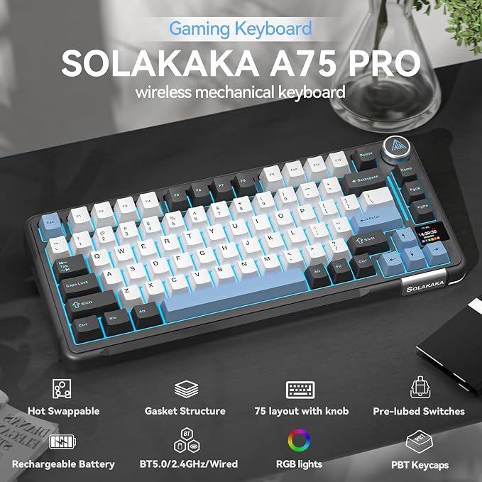 SOLAKAKA A75 PRO Black Gaming Keyboard 75% Wireless Mechanical with Screen and Knob, RGB Backlit Hot Swappable Gasket Pre-lubed PBT Keycaps for PC/Mac/Win
