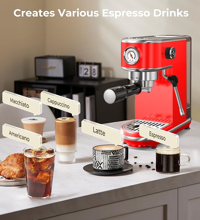 atatix 20 Bar Espresso Machine with Milk Frother, Compact Espresso Maker | Stainless Steel Coffee Machine with Precise Temp Control & 44oz Removable Water Tank for Latte, Cappuccino, Red