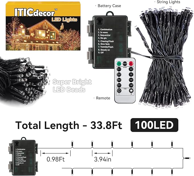 ITICdecor Christmas String Lights 33ft 100 LED Battery Fairy Lights for Indoor Outdoor Waterproof with Remote Control & Timer & 8 Modes Battery Operated String Lights for Xmas Tree Party Garden