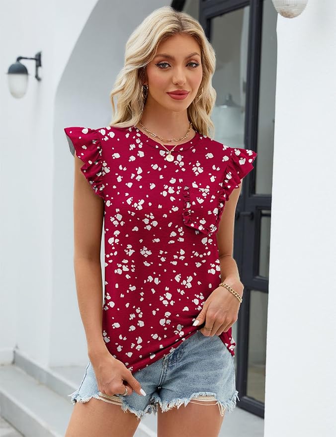 JUSTFASHIONNOW Womens Summer Tops Striped T-Shirts 2026 Ruffle Short Sleeve Crew Neck Casual Blouses with Pocket