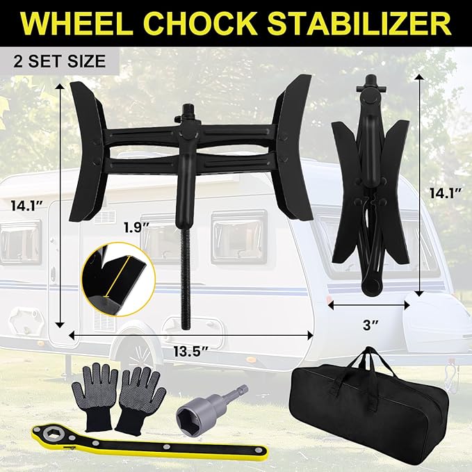 Camper Wheel Chock Stabilizer 2 Sets, Heavy Duty X-Shaped RV Stabilizer Wheel Chock Accessories with Wrench, Anti-Move Tire Wheel Chock for Travel Trailer, Fits 3.5" to 12" Wheel Gaps