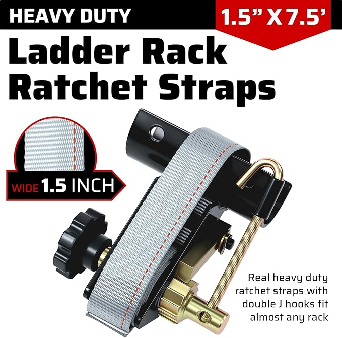 Rack Straps with J-Hook (2PK),1.5" x7.5' Ladder Rack Ratchet Straps, 2" Round Tube Mount, Perfect Ladder Rack Tie-Downs for Trailer Cargo Control