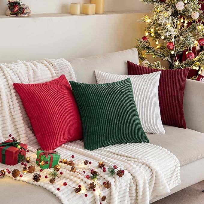 MIULEE Soft Corduroy Throw Pillow Covers Set of 2 16x16 Christmas Red | Decorative Striped Textured Cushion Cases, Boho Energetic Vibe Pillowcases, Home Decor for Couch Chair Sofa Bed Living Room