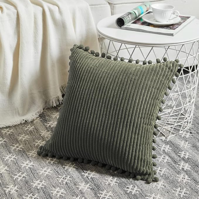 Fancy Homi Pack of 2 Olive Green Decorative Throw Pillow Covers 24x24 Inch with Pom-poms for Couch Bed Living Room, Soft Corduroy Solid Square Cushion Case 60x60 cm, Farmhouse Boho Home Decor