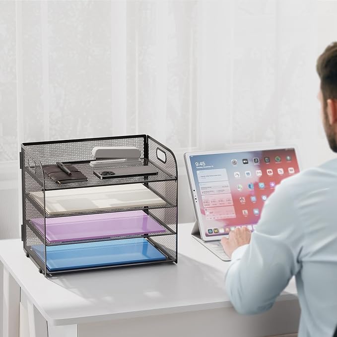 Marbrasse 4 Tier Paper Organizer Letter Tray - Mesh Desk File Organizer with Handle, Paper Sorter Organizer for Letter/A4 Office File Folder Holder (Black, 12.6" x 9.1" x 10.7")