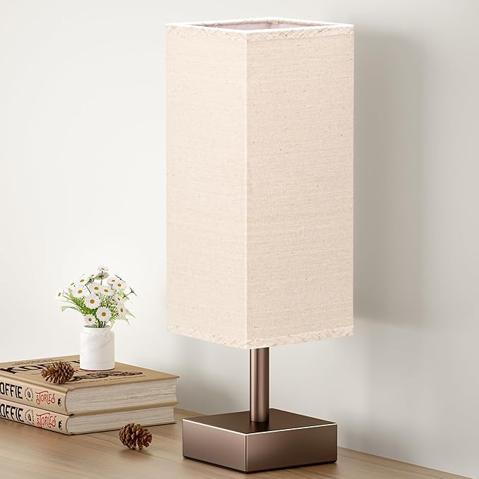 aooshine Browm Small Bedside Lamp for Bedroom - Square Beige Fabric Shade | Inline Rocker Switch, Corded Electric, Bulb Not Included, 12.8" Mini Table Lamp for Nightstand, Desk, Dorm, Office