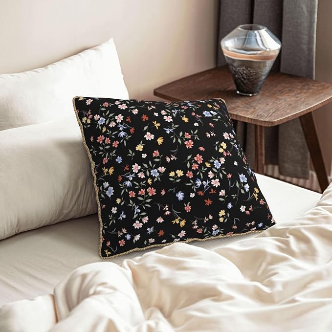 Black Floral Velvet Pillow Covers 16x16 Inch Vintage Colorful Wildflower Throw Pillows For Couch Farmhouse Cushion Covers Pillowcase Spring Summer Plant Pillow Cases For Sofa Bed Outdoor Decor