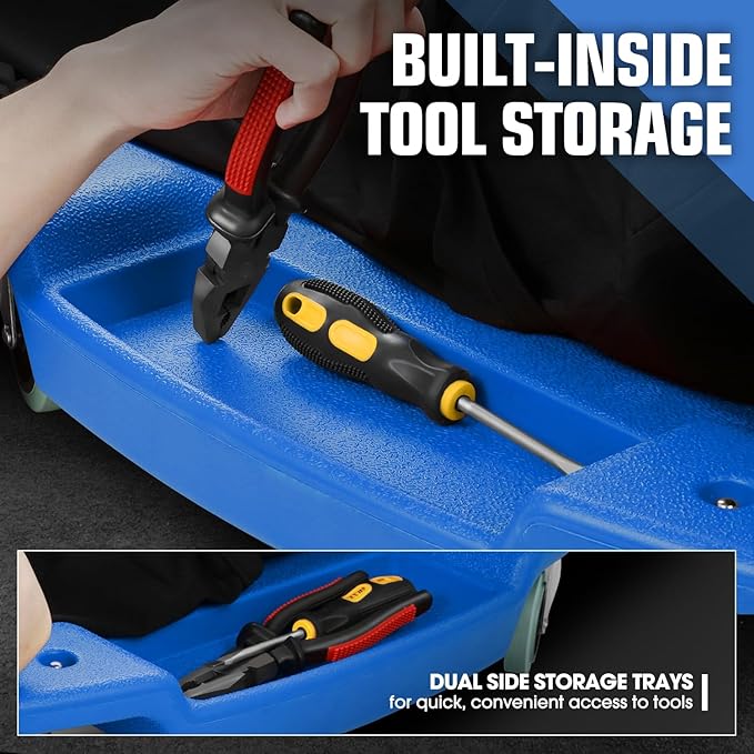 PM PERFORMOTOR Inches Heavy-Duty Low-Profile Roller Automotive Creeper with Padded Headrest, Blue, PM-TOL-CPC48-BL