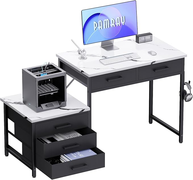 Pamray 47 inch Computer Desk with 5 Drawers and Printer Space for Office | Ample Storage, Space-saving, Easy Assembly, Sturdy, Suitable for Home Office, Study and Writing, Bedroom and Dorms
