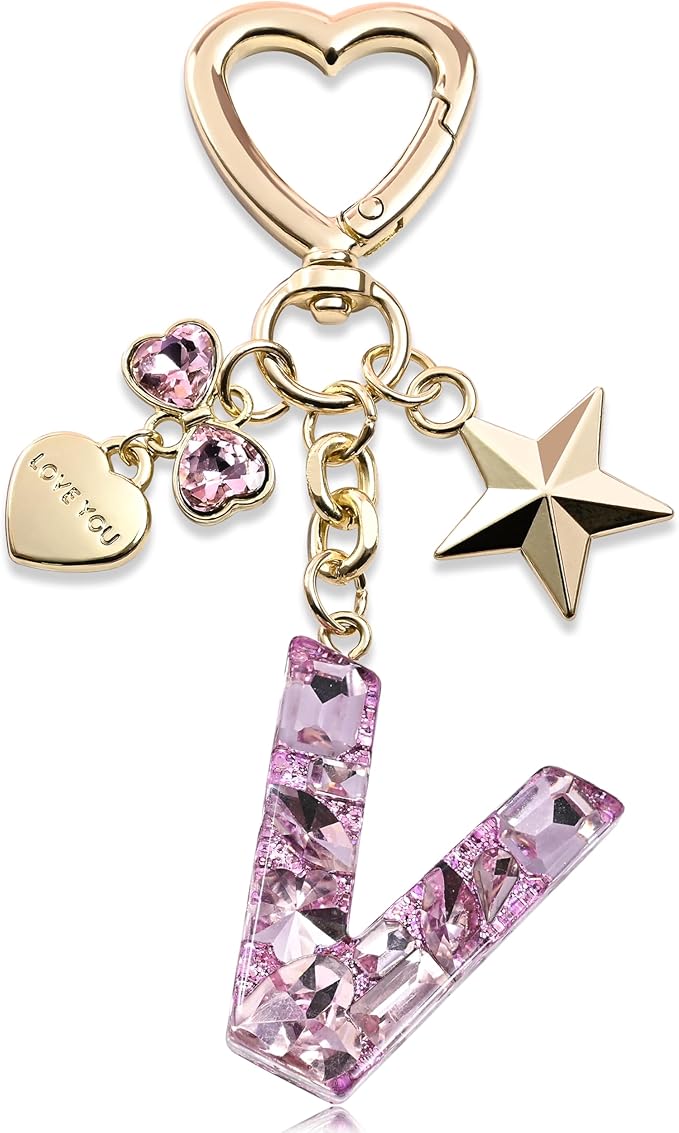 Cute Bling Keychain initial Letter Butterfly Star Pink Purple Gift for Women Girls Bag Cup Charms Accessories