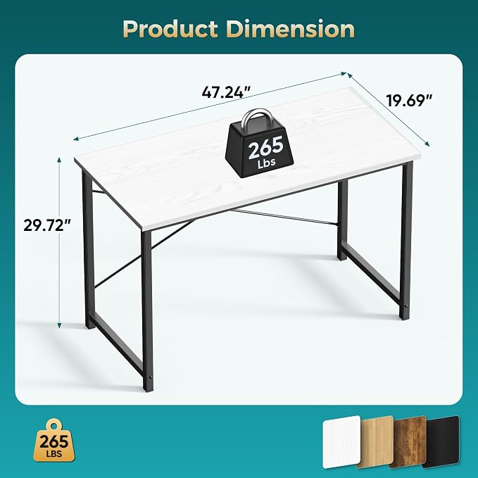 OLIXIS 47 Inch Computer Office Desk for Small Spaces, Writing Gaming Work Desk Modern Study Table with Metal Frame Home Bedroom, White | Computer Writing Workstation, Strong Metal Frame, Small Spaces, Home Bedroom Dorm, White