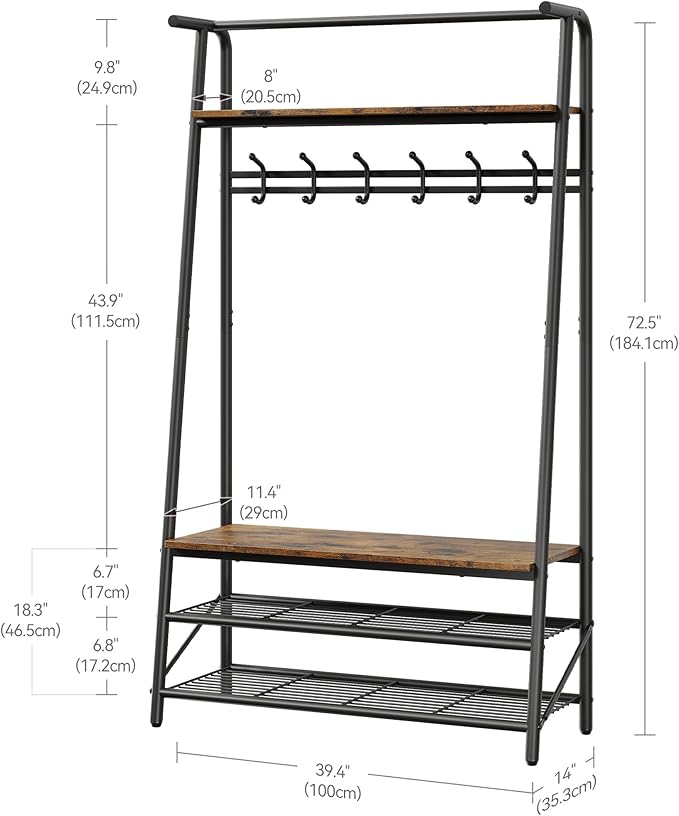 Coat Rack Hall Tree with Shoe Storage Bench, 4-in-1 Entryway Bench with 6 Hooks & 3-Tier Shoe Rack, Metal Frame for Entryways, Freestanding Coat Racks Storage for Entryway, Hallway, Front Door