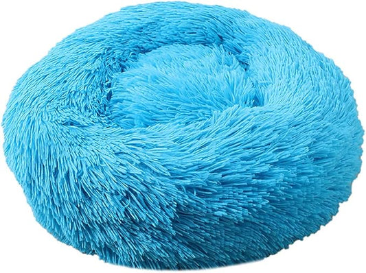 Calming Faux Fur Dog Beds Calming Donut Cuddler Dog Bed Washable Round Cat Bed Pillow Cuddler Fluffy Indoor Dog Calming Beds with Anti Slip Bottom Solid Color Blue 20 Inch
