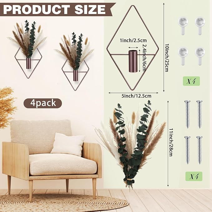 Jexine 4 Pcs Hanging Planters with Artificial Pampas Metal Hanging Vase Indoor Plants Holder Modern Geometric Boho Bathroom Wall Decor for Living Room Home Office, Bronze