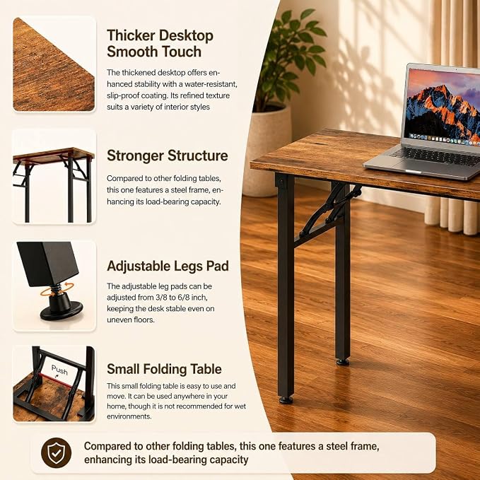 Folding Table Computer Desk - 55.1" No Assembly Folding Desk Design and Foldable Office Desk, Small Desk for Bedroom, Compact Storage Portable Use for Dorm and RV Small Space, Rustic Brown