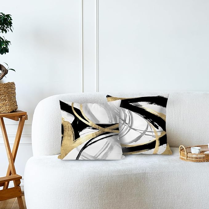 Black White and Gold Pillow Covers, Abstract Black and Gold Pillow Covers 20x20 Set of 2, Modern Boho Home Decor, Black and Gold Decorative Throw Pillows Cover for Couch Living Room Bedroom