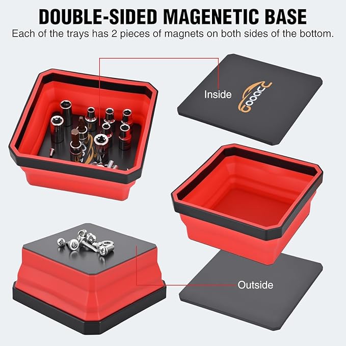 GOOACC 4 Pcs Square Collapsible Magnetic Parts Tray Set Multiple Colors Silicone Foldable Tool Trays Organizer for Screws Bolts Nuts Pins Washers and Other Small Metal Parts Double Sided Magnet Base