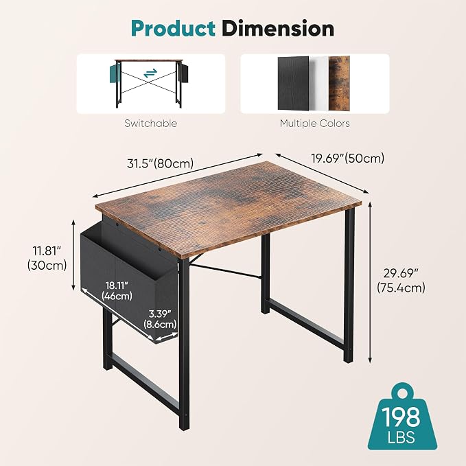 OLIXIS Small Computer Desk, 31 Inch Gaming Desks for Home Office | Writing Study Craft Work Table, Computer Workstation for Bedroom Small Spaces with Storage Bag, Rustic Brown