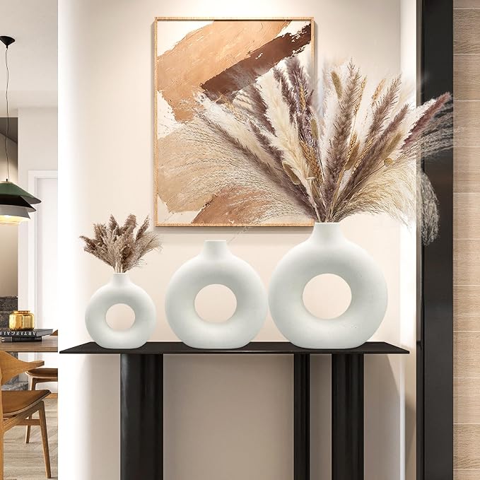 White Ceramic Vases Set 3 for Modern Home Decor,Round Matte Pampas Flower Vases Minimalist Nordic Boho Ins Style for Wedding Dinner Table Party Living Room Office Bedroom, Decorative Gift
