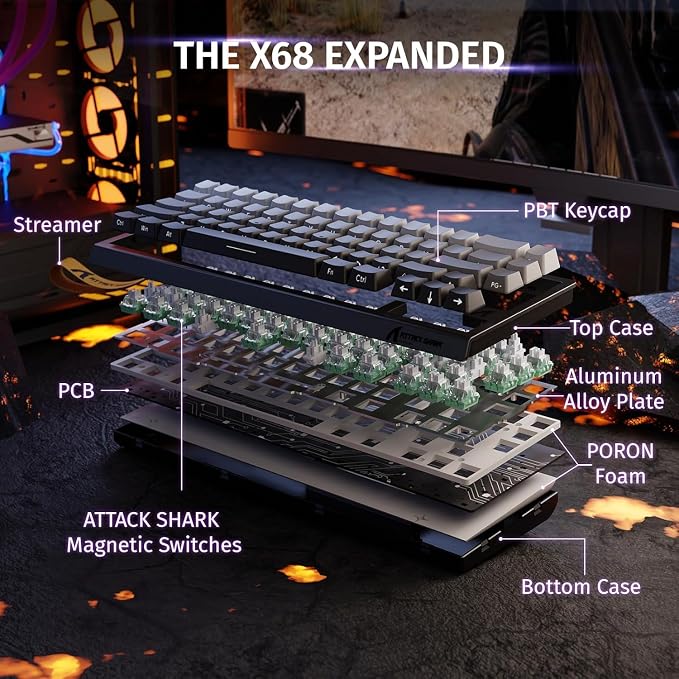 ATTACK SHARK X68 HE RT Mechanical Gaming Keyboard 60% Wired TKL-Moonlight | Adjustable Actuation,Hall Effect Magnetic Switch,8KHz Polling Rate,RGB Backlit,Top Mount,Side Printed Keycap for PC Mac Gamer