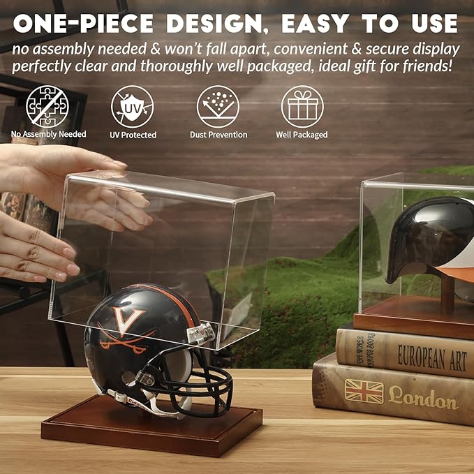 JupDec Mini Helmet Display Case, Acrylic Clear 1/2 Football Baseball Helmet Showcase, UV Protection Souvenirs and Collectibles Box with Solid Wood Base & Riser, Ideal Gift for Sports Enthusiast