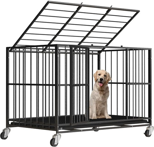 42 Inch Heavy Duty Dog Crate Steel Escape Proof,Indoor Double Door High Anxiety Cage, Removable Tray, Kennel with Wheels,XL XXL