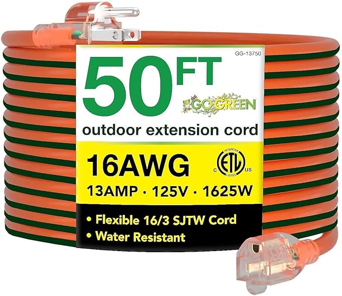Power By GoGreen Go Green Power Inc. 16/3 50-Foot Outdoor Extension Cord - Heavy-Duty, Weatherproof, GG-13750