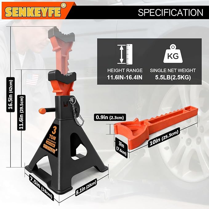 3 Ton (6,600 LBs) Jack Stands with Crossbars,Double Pin Locking,Rubber Cover,Large Foot Base,12"-16" Adjustable Height,Heavy Duty Car Jack Stands,Lifting SUV,MPV,Pickup Truck,ATV/UTV,2 Pack