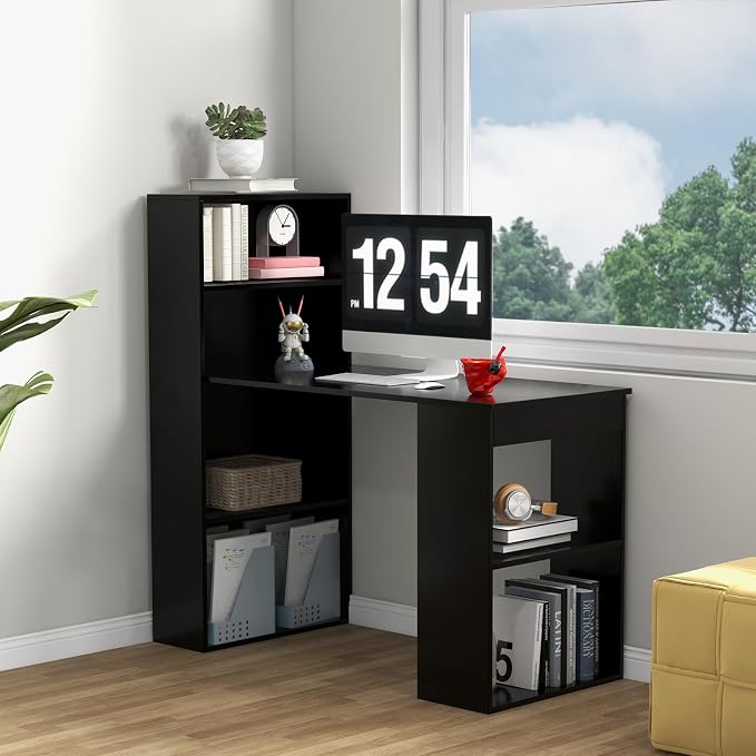 GRAFFY Computer Desk with 6 Storage Shelves - 48" Reversible Writing Desk Workstation with Bookshelf and CPU Stand, Modern Compact Office Desk for Bedroom, Study, Home, Office (Black)