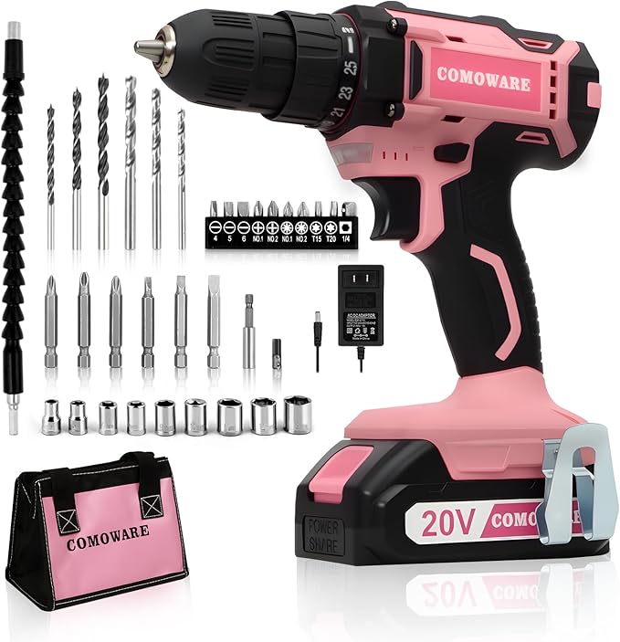 COMOWARE Cordless Drill Set, 20V Pink Power Drill Set for Women, 1 Battery & Charger, 3/8" Keyless Chuck, 2 Variable Speed, 266 In-lb Torque, 25+1 Position, with Pink Storage Bag