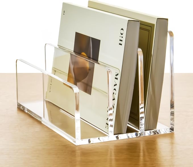 3 Compartments Clear Acrylic Mail Holder – Vertical Letter Sorter & Multifunction Desk Organizer for Bills, Documents, Notebooks – Modern Office/Home Envelope File Rack