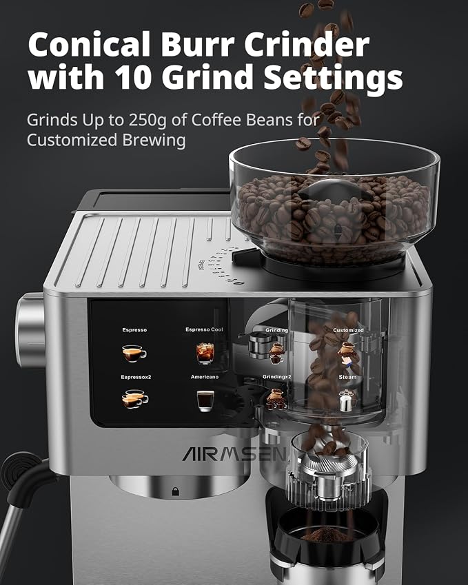 AIRMSEN Espresso Machines with Burr Grinder, 20 Bar, Milk Frother Steam Wand, Stainless Steel Coffee Maker for Home - Cappuccino Latte & Cold Brew Iced Coffee Maker & Americano