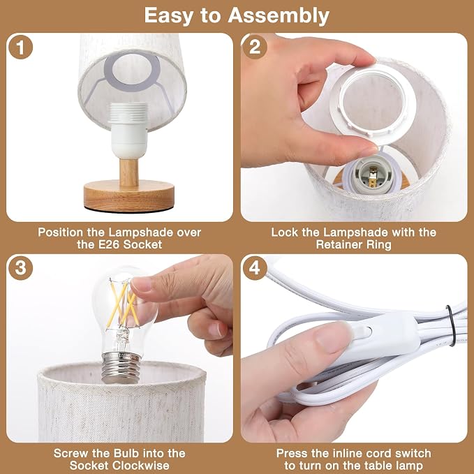 Fenmzee Small Lamps Set of 2 (Cream Shade - Wood Base, 9" Inline Control) | Two 3000K LED Blubs Included | 680 Lumens | Easy Assembly | Minimalist Design | E26 | for Kitchen | for Kids Room