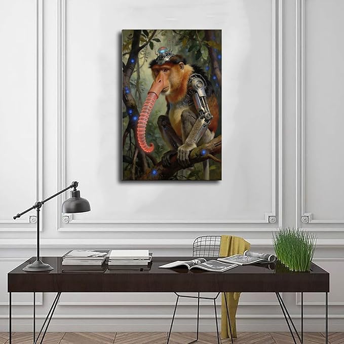 Framed Steampunk Mechanical Proboscis Monkey Wall Art - Jungle Neon Retro Poster for Apartment Leisure Area Decor 24x36inch(60x90cm)