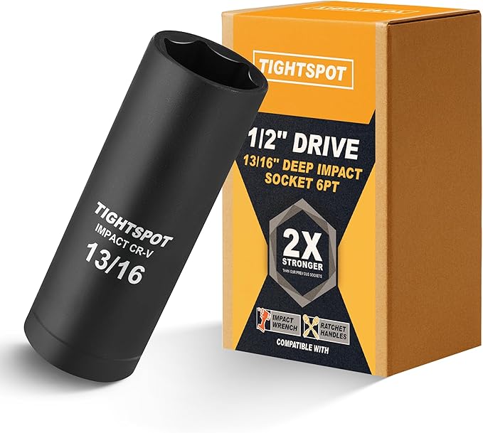 TIGHTSPOT 1/2 Inch Drive 13/16 Inch Deep Impact Socket with Anti-Rounding 6 Point Design, Heat-Treated CRV Steel