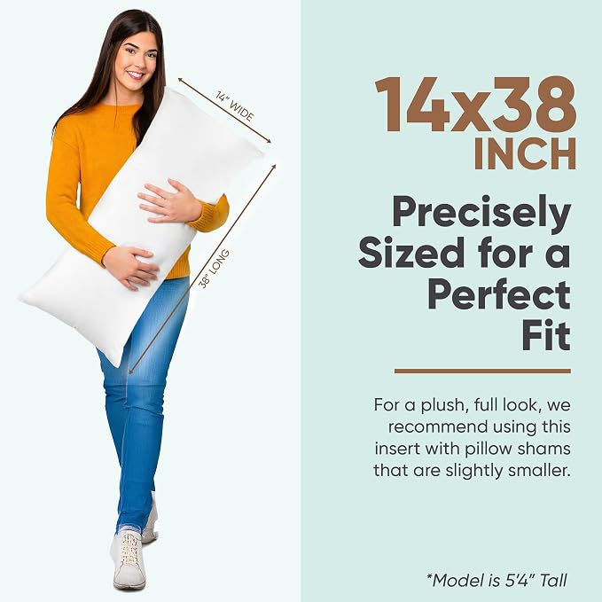 Pillowflex Synthetic Down Pillow Insert 14x38 in - Karate Chop Pillow | Large Rectangle Sham Form, Plush Polyester Cotton Blend, Cloud-Like Comfort, Clump-Resistant Fill, Smooth Elegant Finish