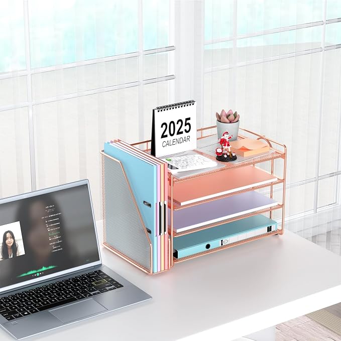 gianotter 4-Tier Paper Organizer With Magazine Holder | Desk Organizers and Accessories, File Organizer for Office Supplies Storag (Rose Gold, 4-Tier)